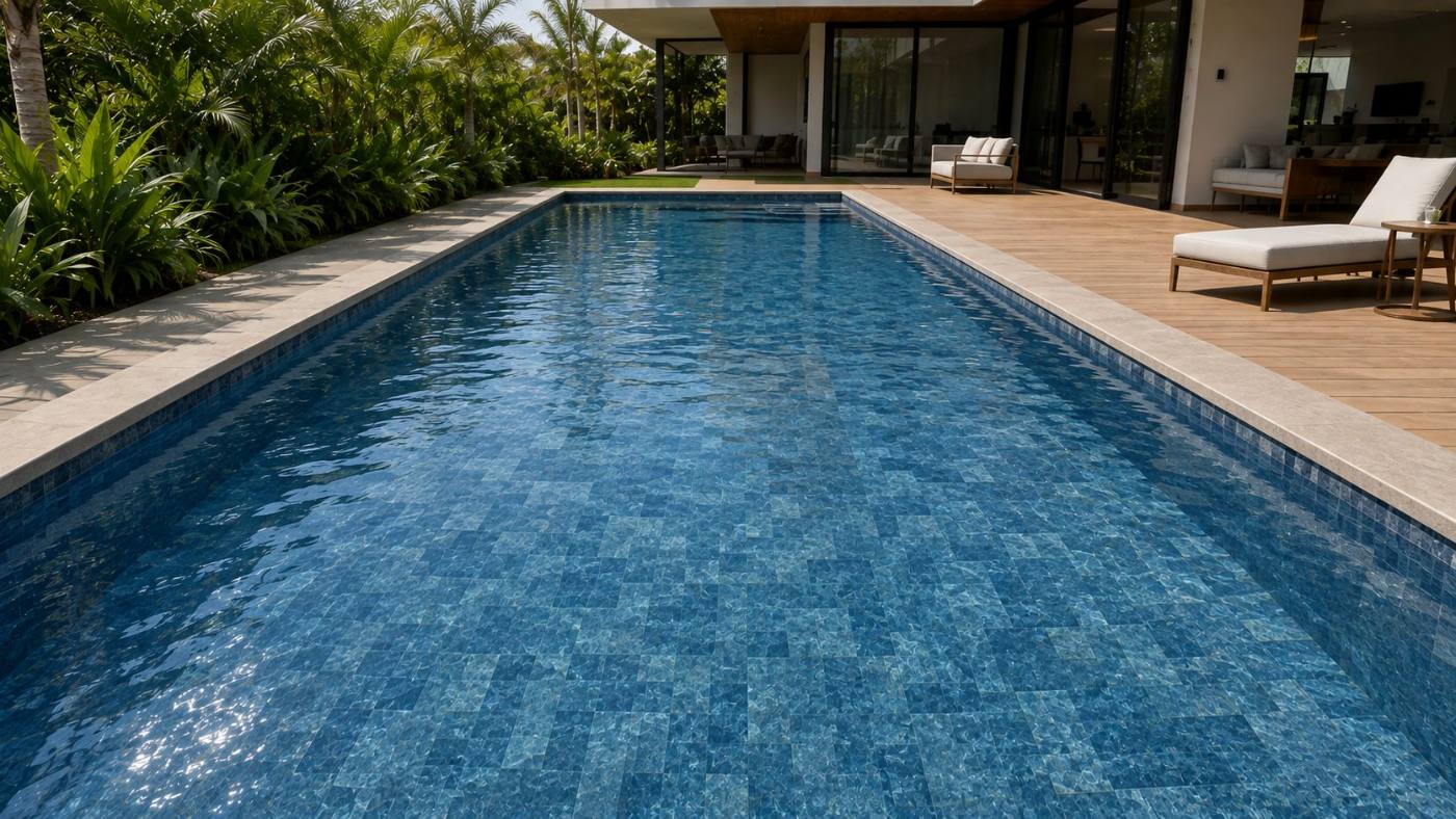 Piscina revestida com a tela armada Petros Azul, água em tom azul safira