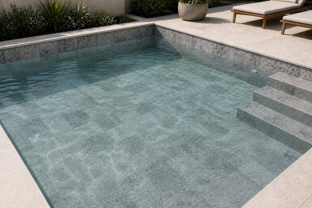 Piscina revestida com a tela armada Petros Cinza, água em tom azul acinzentado