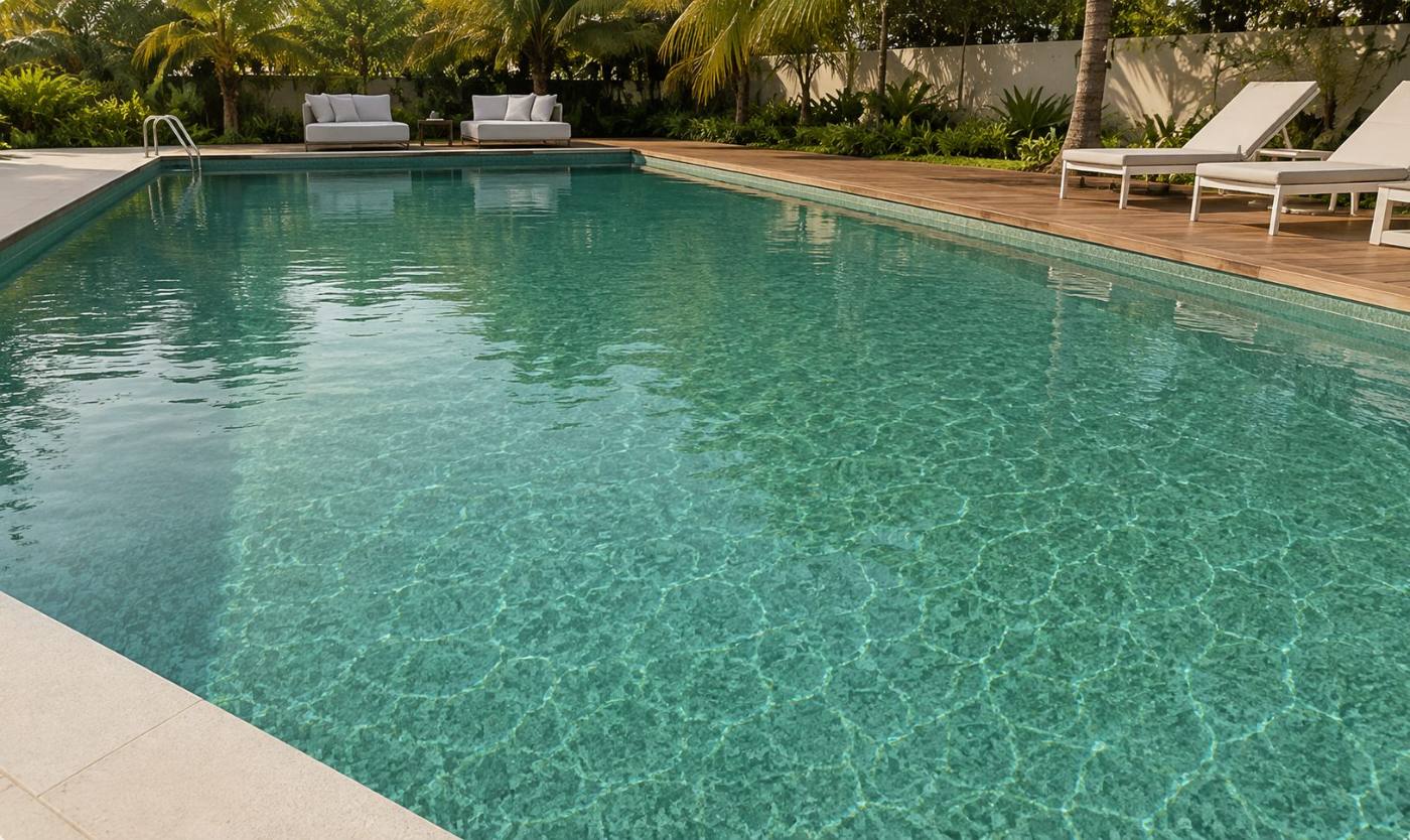 Piscina revestida com a tela armada Duna Verde, água em tom verde duna