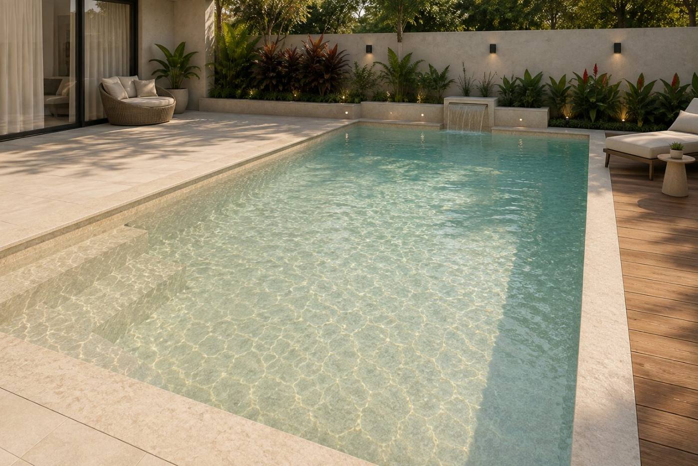 Piscina revestida com a tela armada Duna Areia, água em tom areia duna
