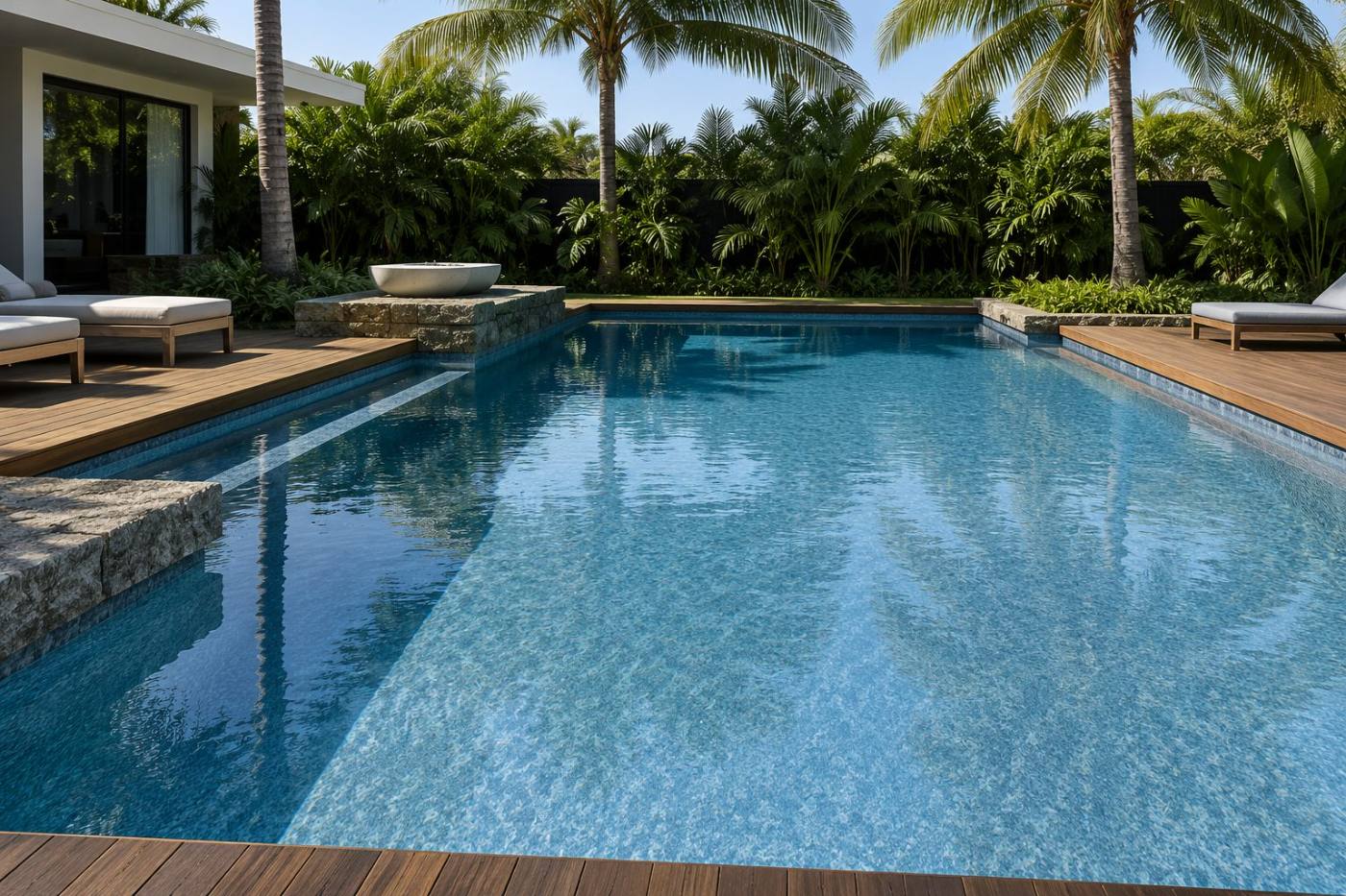 Piscina revestida com a tela armada Duna Azul, água em tom azul duna