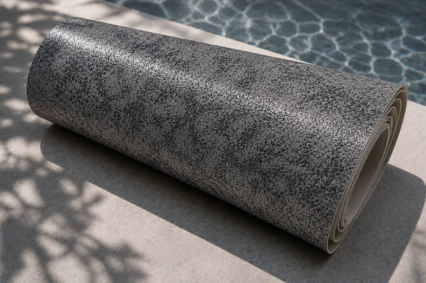 Piscina revestida com a tela armada Duna Cinza, água em tom cinza duna