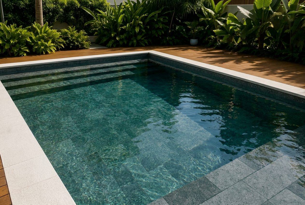 Piscina revestida com a tela armada Petros Verde, água em tom azul ardósia