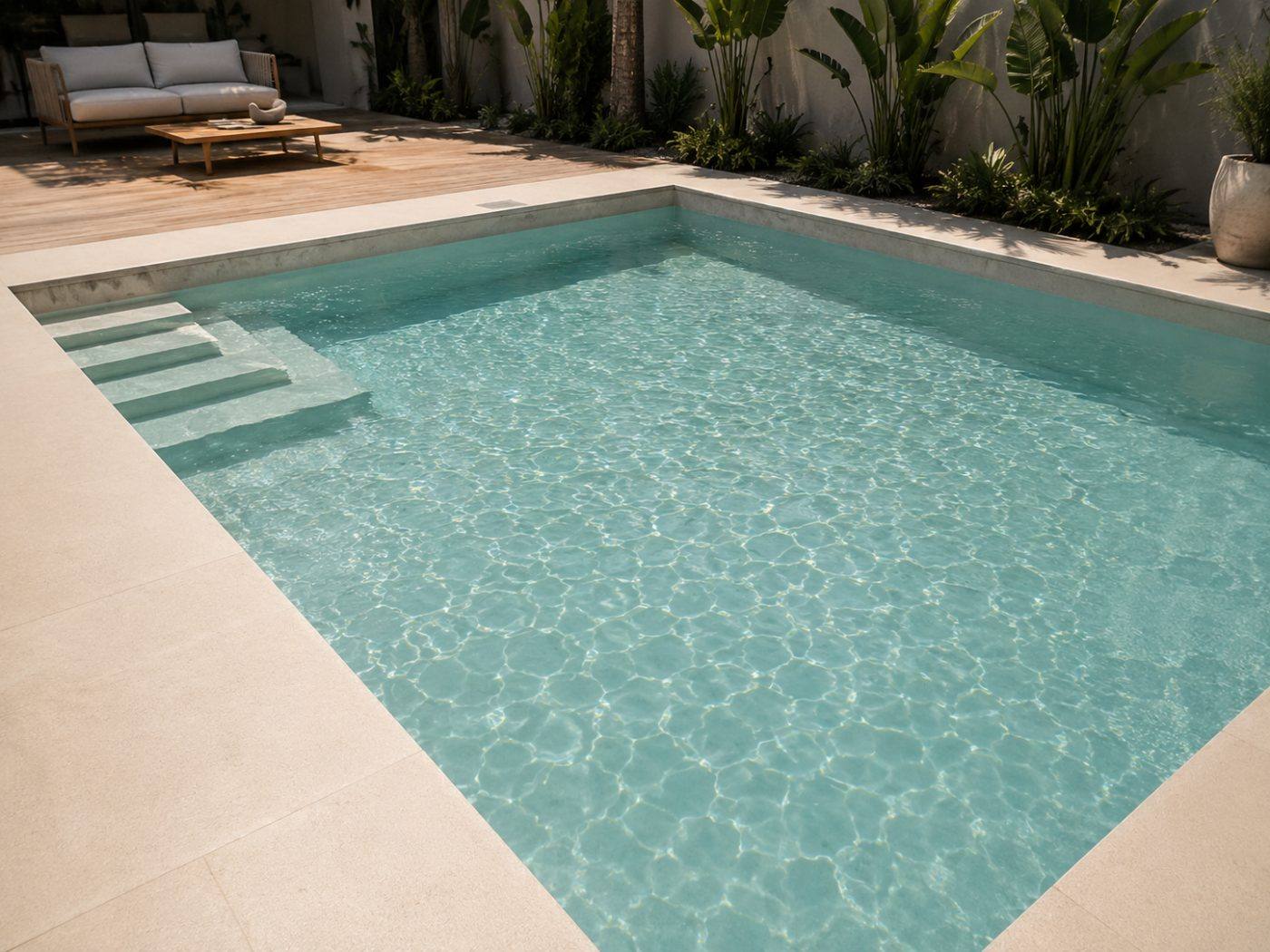 Piscina revestida com a tela armada Bege Sahara, água em tom azul bem claro