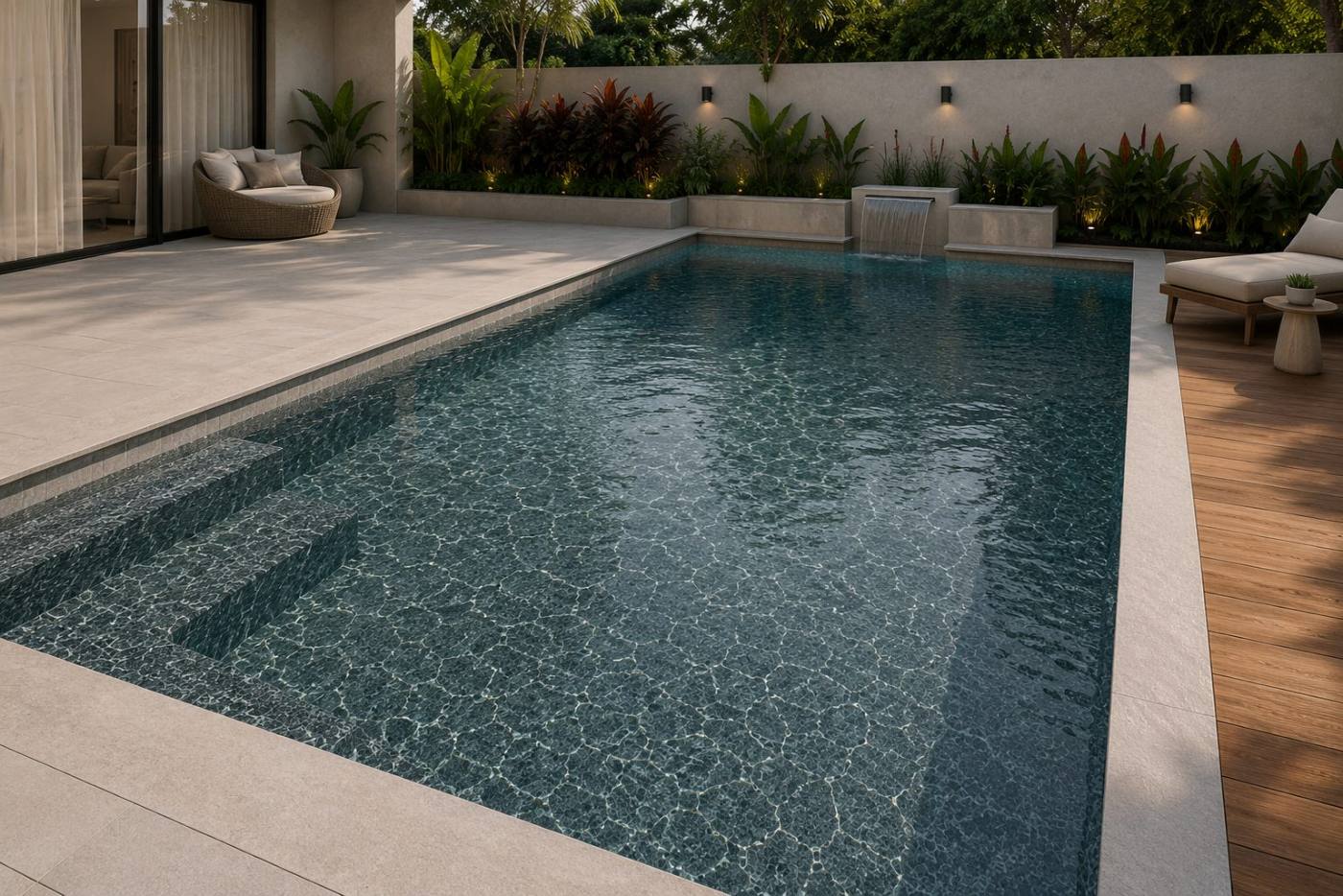 Piscina revestida com a tela armada Venon Cinza, água em tom azul petróleo