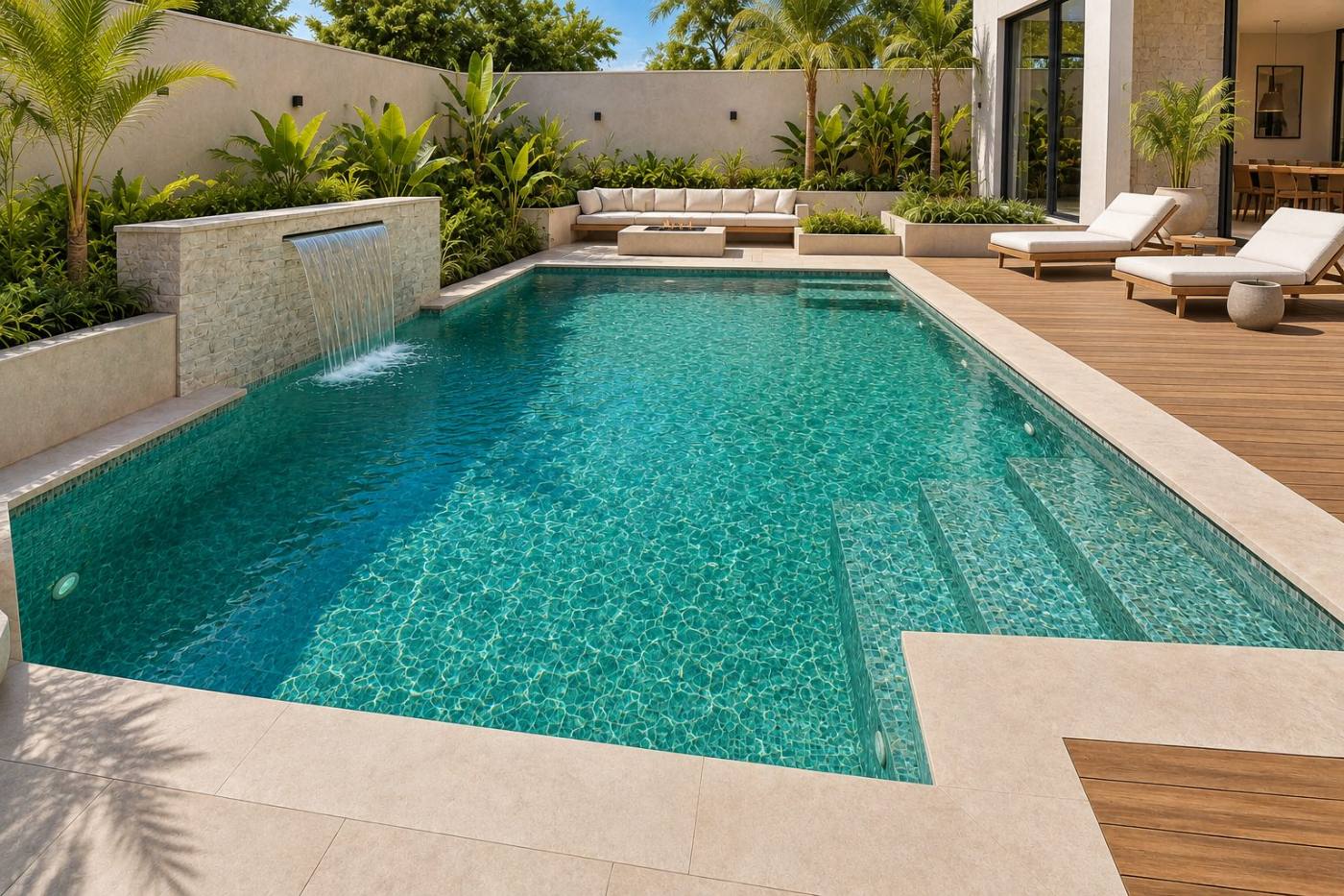 Piscina revestida com a tela armada Venon Verde, água em tom verde esmeralda